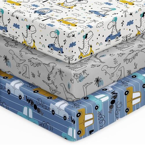 Unnivoll Baby Crib Sheets for Boys Girls, 28x52x8in Fitted Crib Sheet Neutral 3 Pack for Standard Crib and Toddler Mattress, Breathable Soft Microfiber Baby Sheet Grey & Blue Car