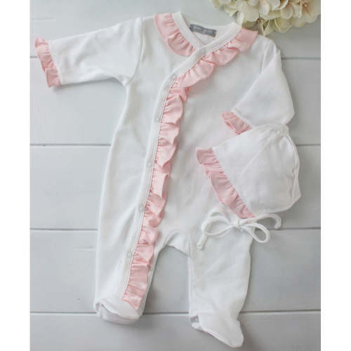 Baby Loren Girls Kimono Footed Onesie Sleeper White Pink Ruffle