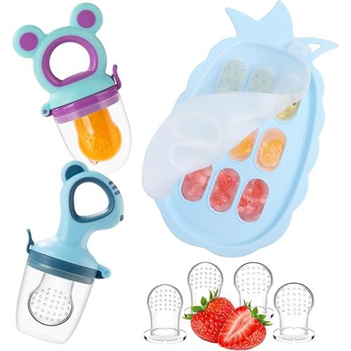 Baby Fruit Feeder & Baby Breastmilk Popsicle Molds, Baby Food Freezer Tray Storage Containers, Silicone Pacifier Feeder and Teether, Includes 6 Extra Food Pacifier