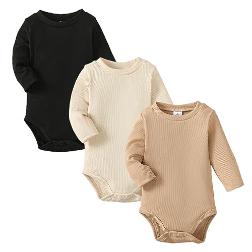 OPAWO Long Sleeve Onsies for Baby Girls' Bodysuits Newborn 3 Pack Infant Ribbed Fall Baby Girl Romper Undershirt