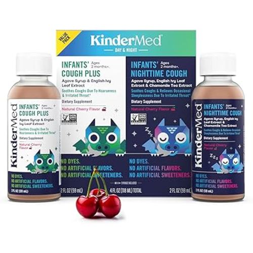 KinderMed Infants' Cough Day & Night Value Pack - Organic Agave Syrup and English Ivy Leaf Extract - No Dyes, No Artificial Flavors or Sweeteners - for Ages 2 Months+ - Natural Cherry Flavor, 2 Fl Oz