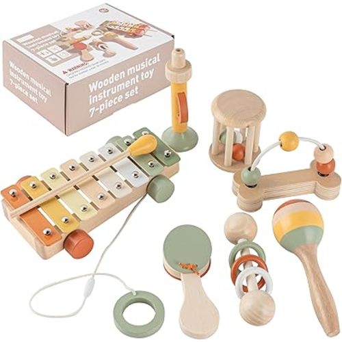 VINJOE Baby Musical Instruments-Toddler Montessori Wooden Musical Toys for Kids, Neutral Colors Percussion Instruments Set Early Learning Musical Toys for Preschool Educational Birthday Gifts