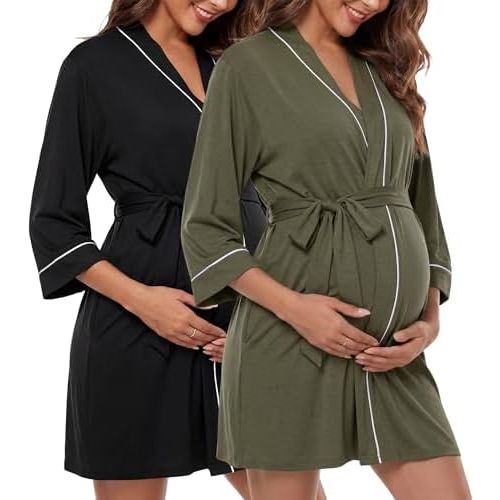 Cutecrop 2 Pcs Women Maternity Nursing Robe Labor Hospital Delivery Gown 3/4 Sleeve Pregnant 3 in 1 Kimono Breastfeeding Robe