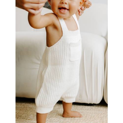 Oversized Knit Baby/Toddler Overall Shorts, Organic Cotton Baby Overalls - Milk/White