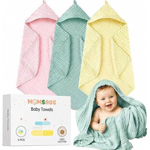 Muslin Hooded Baby Bath Towel Set 3 Pack, Muslin Cotton Baby Towels with Hood for Newborn, Baby Beach Towels for Boy, Girl, Babies, Infant, Toddler and Kids (35 X 35 Inch)(Light Green + Pink + Yellow)