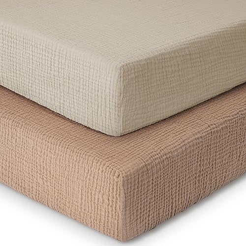 Muslin Crib Sheets for Girl Boy, 100% Cotton Baby Crib Sheets for Standard Crib and Toddler Mattress 52"x28", 2 Pack Soft Breathable Fitted Crib Mattress Sheet, Beige & Bown