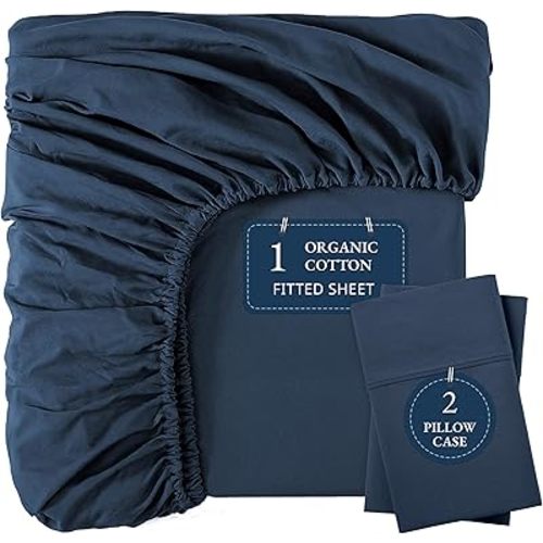 LANE LINEN King Size Fitted Sheet, 100% Organic Cotton, 3-Piece Set (1 Fitted Sheet,2 Pillowcases), Percale Weave, Ultra Soft, Breathable,Fits Mattress Upto 15" Deep - Estate Blue (No Flat Sheet)