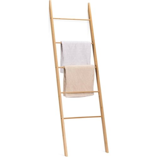 Navaris Bamboo Towel Ladder - Wood Rack for Towels, Clothes, Blankets - Wall Leaning Wooden Rack for Bathroom, Bedroom - 5-Tier Towel Holder Stand