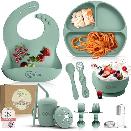 O'doe 11-Piece BPA-Free Silicone Baby Feeding Set | Thick & Soft Suction Plates, Baby Bowls, Wooden Fork & Spoon, and More | Make Mealtime Fun and Easy for Your Little One (Green, V1)