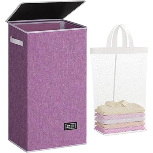 SOLEDI Laundry Hamper with Lid 100L Large & Tall Collapsible Laundry Basket, Clothes Hamper with Bag Removable Easy to Carry, Dirty Hampers for Bedroom, Bathroom, Dorm, College, Purple