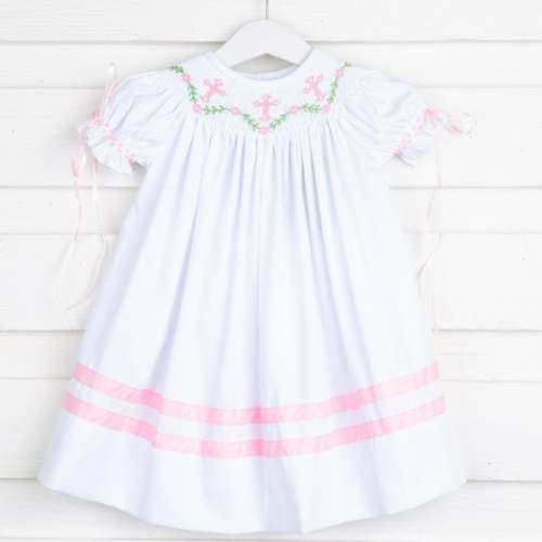 Cross and Vine Smocked White Dress