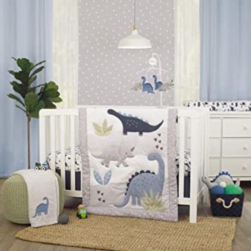 Carter's Dino Adventure Gray & Blue 3Piece Crib Bedding Set - Comforter, Fitted Crib Sheet, & Crib Skirt, Grey, Blue, Green, Navy