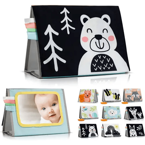 ZICOTO Soft Tummy Time Book with Large Stimulating Baby Safe Mirror - High Contrast Montessori Sensory Developmental Toy for Newborn/Infant 0-3 & 3-6 Months