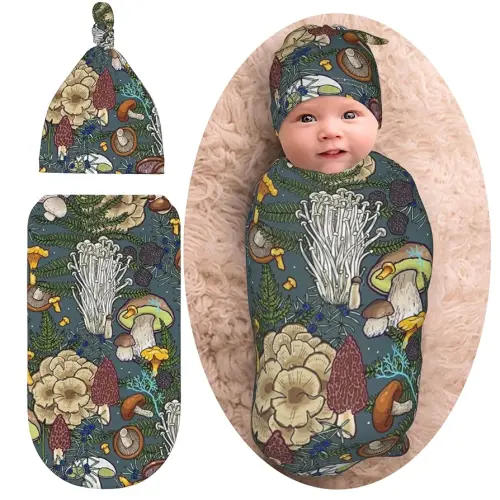 Mushroom Baby Stuff Newborn Swaddle Blanket Cute Baby Swaddle Blankets Soft Stretchy Sleep Sack with Beanie Hat Gifts for Boy Girl