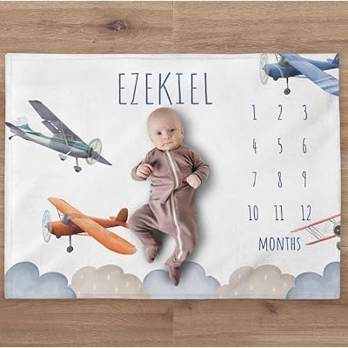 Deno Personalized Airplane Baby Milestone Blanket Aviation Monthly Milestone Blanket Custom Airplane Boy Blanket, Personalized Airplane Month Blanket Baby Shower Newborn Gift