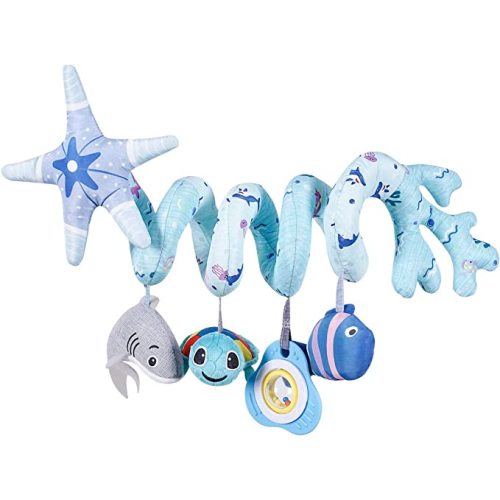 Deluxe 5-Piece Spiral Plush Toy Set - Cute Hanging Baby Rattle Animals including Baby Shark Plush Toy - Ideal Stroller, Crib Mobile, & Car Seat Toys for Babies 0-6 months up to 1 Year - Coral Blue