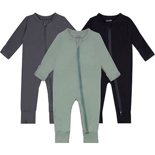 GUISBY Baby Pajamas with Mitten Cuffs - 3Pcs Girls Boys 2 Way Zipper Long Sleeve Rayon Sleepers - Sliver Grey-black-green - Newborn