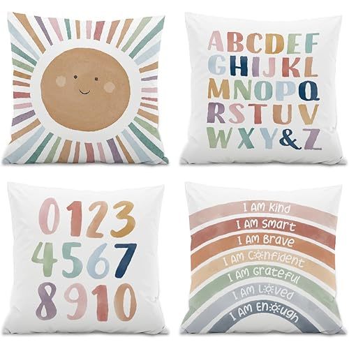Nursery Classroom Cozy Corner Throw Pillow Covers, Kids Alphabet Rainbow Reading Nook Decor Pillowcase, Decor for Classroom Playroom Nursery Kids room Toddler room,18x18 Inch Set of 4