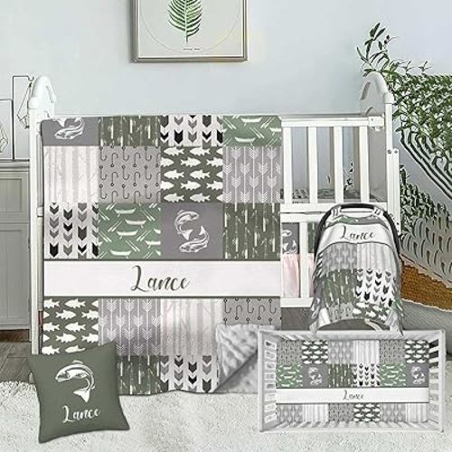 Custom Name Baby Crib Bedding Sets for Boys, Personalized Fishing 2 Piece Sets, Minky Dotted Backing Blanket, Fitted Sheet, Nursery Sets for Newborn to Toddler