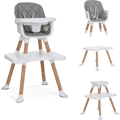 Dream On Me Luna 4-in-1 Convertible Baby High Chair in Cool Gray, Transforms into Booster, Toddler Seat & Table Set, Adjustable and Removable Tray Portable High Chair