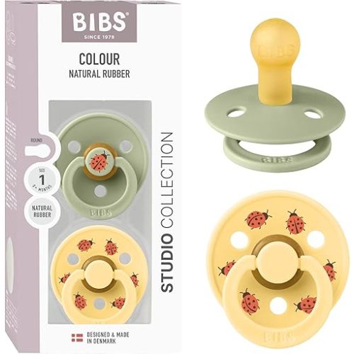 BIBS Studio Soother 2-Pack, BPA Free Dummy Pacifier, Round Nipple. Natural Rubber Latex, Made in Denmark, Size 1 (0-6 Months), Sage/Pale Butter