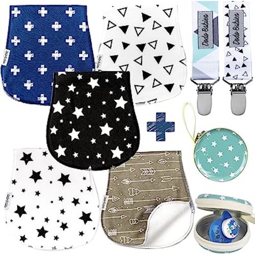 Dodo Babies 5-Pack Baby Burp Cloths - Soft, Absorbent Cotton Burp Cloths - Includes Pacifier Case and 2 Pacifier Clips - Colors: Blue, White and Teal - Newborn Essentials Must Haves