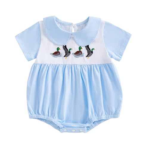 RSRZRCJ Summer Outfit Newborn Baby Boy Bubble Romper Peter Pan Collared Duck Short Sleeve Jumpsuit Hunting Clothes