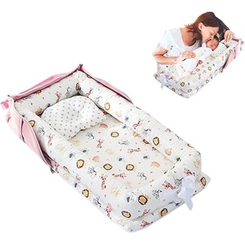 Baby Lounger with Pillow,Baby Lounger for Newborn Portable,Baby Nest Cosleeping for Baby in Bed Adjustable Size & Strong Zipper Lengthen Space to 24 Months(Animal World Pink)