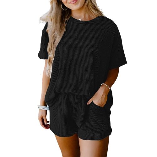 SHEWIN Two 2 Piece Sets for Women Short Sleeve Shirts High Waisted Shorts with Pockets Pajamas Lounge Matching Set
