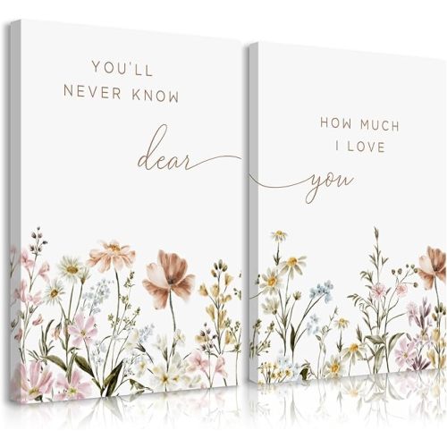 Girl Nursery Floral Wall Art Decor Boho Wildflower Canvas Wall Decor Baby Girl Room Flower Poster Vintage Nursery Botanical Art Prints Pink Coastal Pictures for Toddler Bedroom 12x16x2 Inch Framed