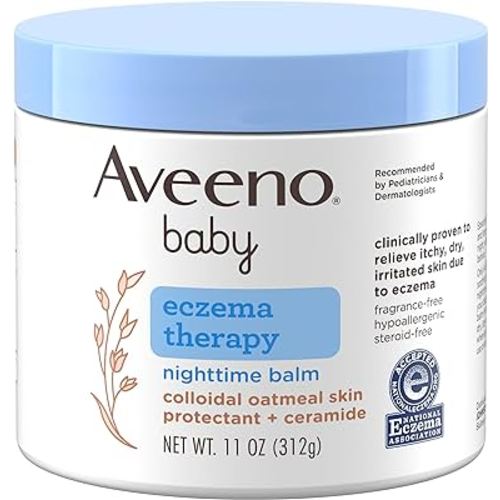 Aveeno Baby Eczema Therapy Nighttime Moisturizing Body Balm, Nourishing Skin Protectant Soothes & Relieves Dry, Itchy Skin from Eczema, Hypoallergenic, Fragrance- & Steroid-Free, 11 oz