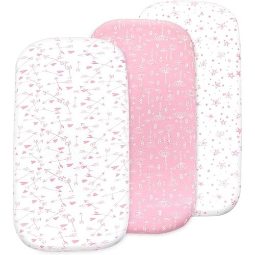 Bassinet Sheets Girl– 3-Pack Soft Fitted Bassinet Sheets, Organic Cotton, Breathable & Cozy, Fits 32x16x4 Inch Rectangle, Oval & Hourglass Mattresses (Pink Stars)