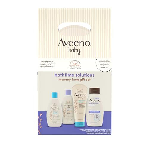 Aveeno Baby Mommy & Me Daily Bathtime Gift Set Including Baby Wash & Shampoo, Calming Baby Bath & Wash, Baby Moisturizing Lotion & Stress Relief Body Wash for Mom, 4 Items