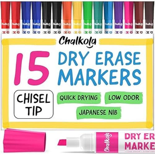Chalkola Dry Erase Markers Chisel Tip (15 Pack, 12 Colors) | Dry Erase Pens - Non toxic, Low odor Whiteboard Markers for Kids, Teachers, Office, School, Classroom Supplies & Accessories