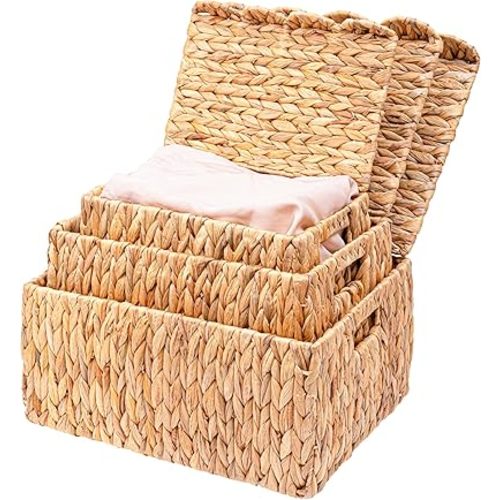 Set of 3 Scalloped Edge Wicker Basket with Lid, Rectangle Wicker Storage Basket with Built-in Handles, Multipurpose Organizer Rattan Display Boxes for Shelf, Nursery Room