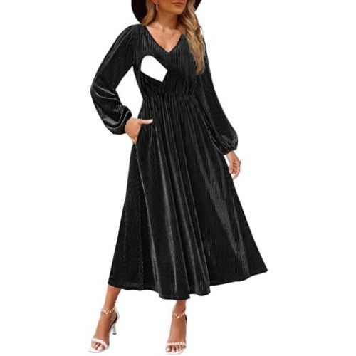 Women's Nursing Long Sleeve V Neck Velvet Maxi Dress Flowy Wedding Party Dresses with Pockets