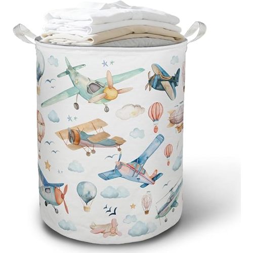 Baby Airplanes Laundry Basket Hamper, Space Kids Nursery Decor, Hot Air Balloon Foldable Clothes Toys Books Storage Box Bins Baskets Organizer for Kids Boys Bedroom Playroom Bathroom