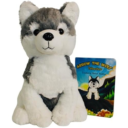 Wolf Stuffed Animal & with Book, Large 13 Inch Plush Toy, Arrow The Wolf, Gift for Kids, Grey and White, with Kids Storybook