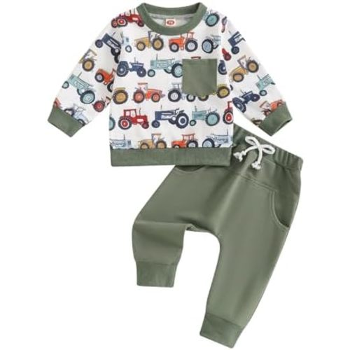 2Pcs Baby Boy Farm Outfits Long Sleeve Tractor Print Pocket Sweatshirt Pants Set Toddler Boy Tracksuit Clothes Set