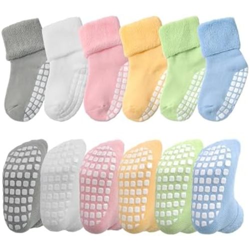 VWU Baby Toddler Kids Ankle Crew Socks with Grips Unisex Warm Thick Cotton Winter Socks 0-10 Years 6/8 Pack