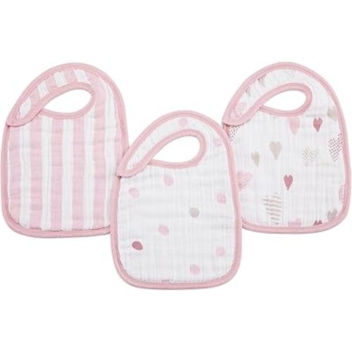 aden + anais 100% Cotton Muslin Snap Bib – Super Absorbent, Soft 3-Layer Baby Bib for Boys & Girls with Adjustable Snap-Closure for Teething, Eating, Drooling, 3-Pack, Heart Breaker