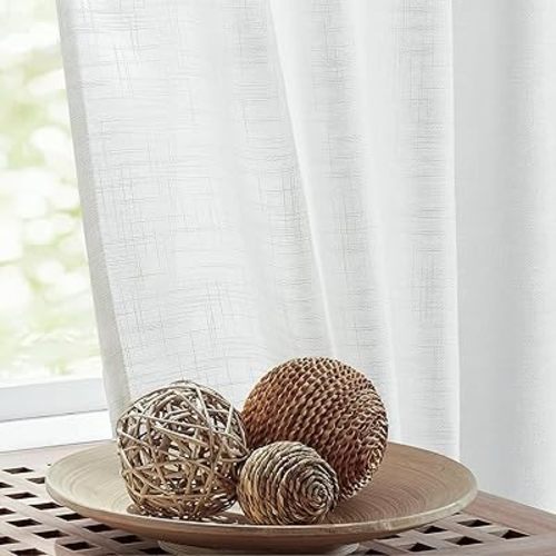 FMFUNCTEX Linen Semi Sheer Curtains for Bedroom, White Curtains 96 Inches Long for Living Room, Country Farmhouse Sheer Drapes, Light Filtering Window Curtain, Grommet Top 2 Panels
