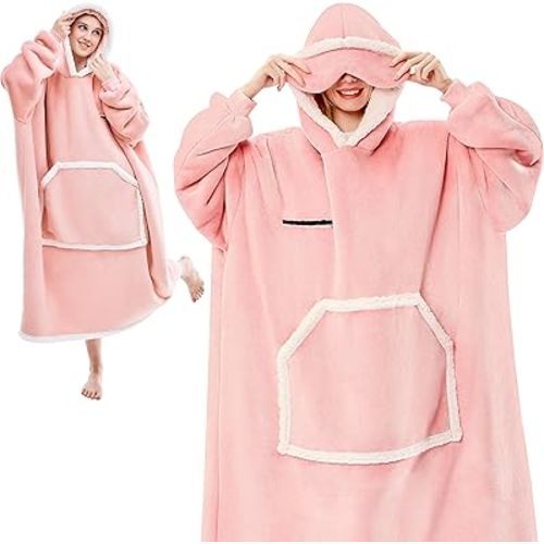 Wearable Blanket Hoodie, Oversized Sherpa Fleece Hooded Sweatshirt with Eye Mask, Cozy and Giant Blanket Hoodie with Sleeves Extra Long for Adults Men Women, Pink