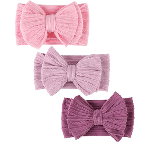 DRESHOW BQUBO Handmade Baby Headbands Soft & Stretchy Hair Bands with Bows Nylon Bows Hairbands for Girls Newborn Infant Toddlers Hair Accessories 3 pack