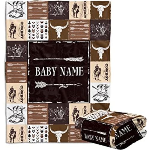 Baby Cowboy Blankets, Personalized Baby Blankets for Boys, Baby Western Blankets for Girls, Custom Baby Blanket Name, 3 Sizes Fleece Blankets for Infant Newborn Son Daughter