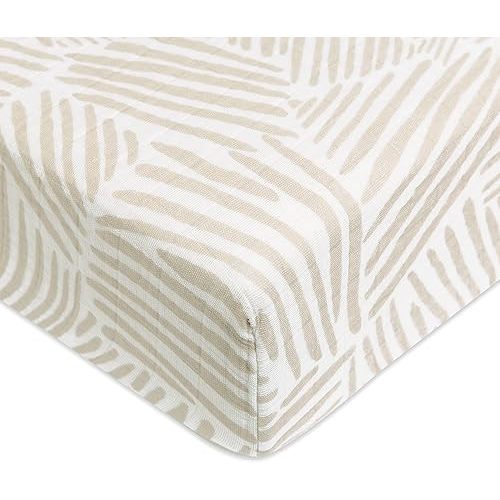 Babyletto 100% Organic Cotton Crib Sheet, GOTS-Certified, Fitted 360°, Ultra-Soft and Breathable Muslin - Oat Stripe