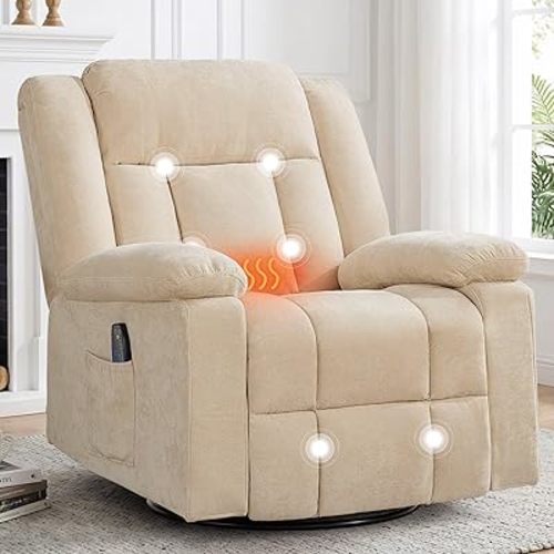 Korser Rocker Recliner Chair for Adults, 360° Swivel Rocker Recliner with Massage and Heating, Nursery Rocking Chairs with Side Pockets, Manual Reclining Chair for Living Room, Bedroom or Nursery