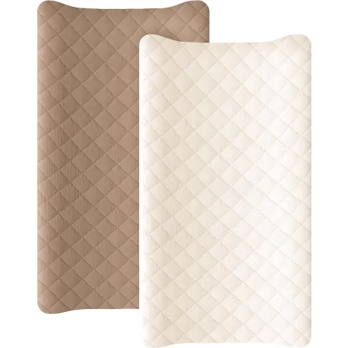 Konssy Waterproof Muslin Changing Pad Cover 2 Pack, Quilted Cotton Fitted Diaper Changing Table Cover, Soft Changing Pad Sheets for Girls Boys (Brown, Cream)