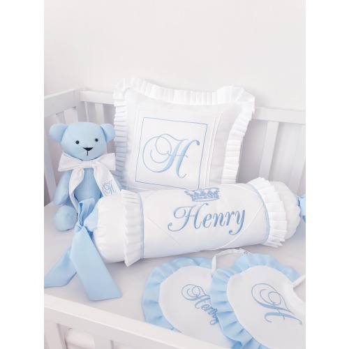Embroidered Baby 4 pcs Set-Memory Bear,Bib,Name Pillow,Bolster Pillow, custom cushion,newborn announcement sign,personalised baby cushions