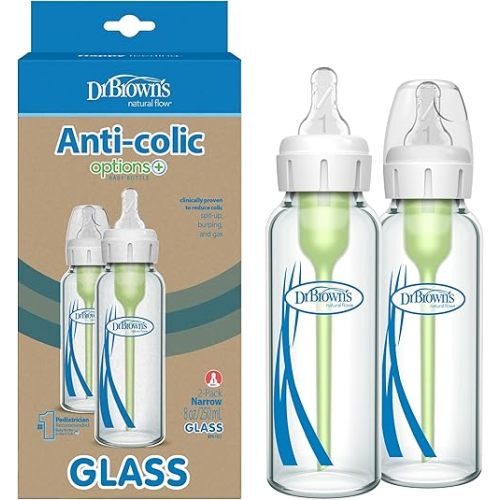 Dr. Brown's Anti-Colic Options+ Narrow Glass Baby Bottle with Level 1 Slow Flow Nipple, BPA-Free, 8 oz/250 mL, 0m+, 2-Pack (Packaging May Vary)